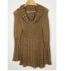 Wooden Ships Open Knit Tunic Sweater Size M/L Bell Sleeve Cowl Neck Brown